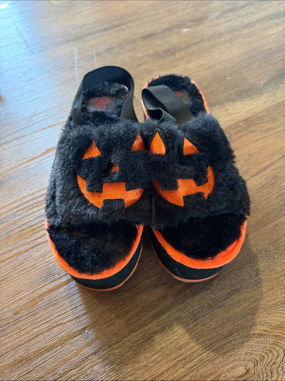 Woman’s Black & Orange Fuzzy Pumpkin Slide Sandals